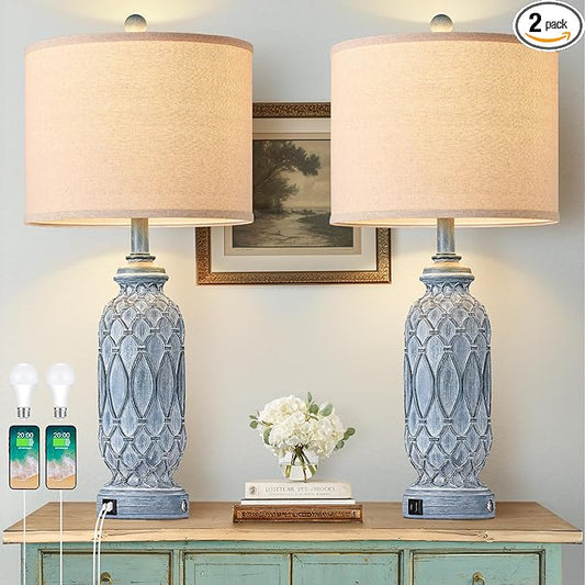 28" Living Room Lamps Set of 2, Farmhouse Lamps for Bedroom with USB A+C Charging Ports, Touch Lamps for Nightstand, 2 Bulbs Included