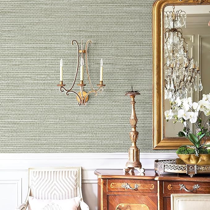 Simon&Siff Green Textured Grasscloth Peel and Stick Wallpaper 17.7"x197" Neutral Faux Grassweave Waterproof Self Adhesive Removable Wallpaper Mural for Home Decor Bedroom Kitchen Cabinet
