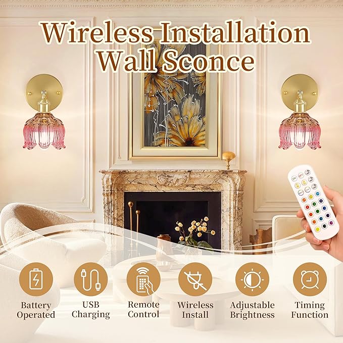 Battery Operated Wall Sconce with Remote Control,Vintage Wall Sconce with Flower lampshade and Timer,Rechargeable Battery Wall lamp Wall Lights with 15 Colors for Bedroom Living Room Doorway,Pink