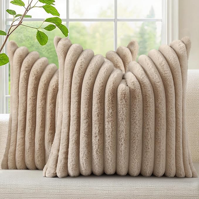 decorUhome Fall Faux Fur Throw Pillow Covers 24x24 Set of 2, Decorative Soft Plush Striped Neutral Couch Euro Pillow Covers with Velvet Back for Sofa, Bed, Living Room Home Decor, Light Khaki Brown