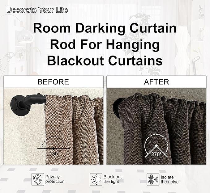 OEMQOBE Curtain Rods for Windows 16 to 74 Inches, Heavy Duty Industrial Curtain Rods 2 pack, Adjustable Wrap Around Blackout Curtains Rod, Black 1 Inch Indoor/Outdoor Curtains Rod