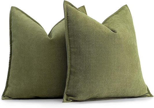 ZWJD Olive Green Pillow Covers 20x20 Set of 2 Chenille Throw Pillow Covers with Elegant Design Soft and Luxurious Decorative Throw Pillows for Couch, Bed, and Home Decor