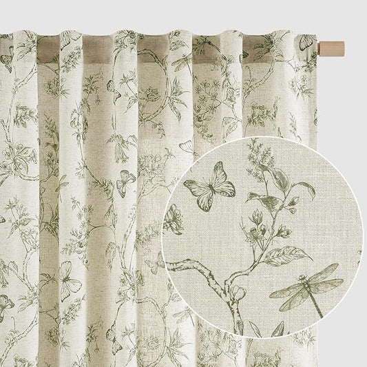 Lazzzy Green Floral Curtains 84 Inch Length Linen Farmhouse Curtain Back Tab Drapes for Living Room Bedroom Light Filtering Vintage Rod Pocket Curtains, 2 Panels, Green on Beige