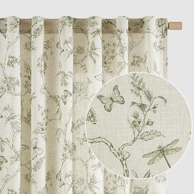 Lazzzy Linen Green Floral Curtains 96 Inch Length Farmhouse Curtain Back Tab Drapes for Living Room Bedroom Light Filtering Vintage Rod Pocket Curtains, 2 Panels, Green on Beige