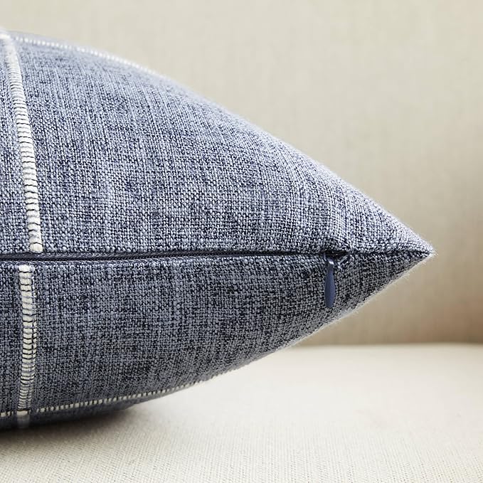 2 Packs Grid Embroidery Lumbar Throw Pillow Covers, 12x20 Inch Navy Blue, Farmhouse Linen Decorative Navy Blue Cushion Covers for Sofa Bed Living Room Home Decor