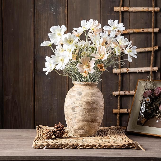 Rustic Ceramic Flower Vase - 8in Vintage erracotta Vase for Home Decor - Christmas Decorative TFlower Bud Vases, Mondern Farmhouse Vase - Living Room Shelf Decor Table, Lyeec