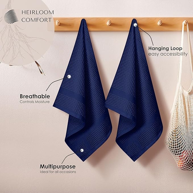 5 Pack Waffle Weave Kitchen Towels, 16x26 Inch, 100% Cotton Dishcloth Set, Super Absorbent, Fast Dry, Teal Towels, Soft Hand Towel, Dish Rags, Cleaning, Durable, Indigo Blue