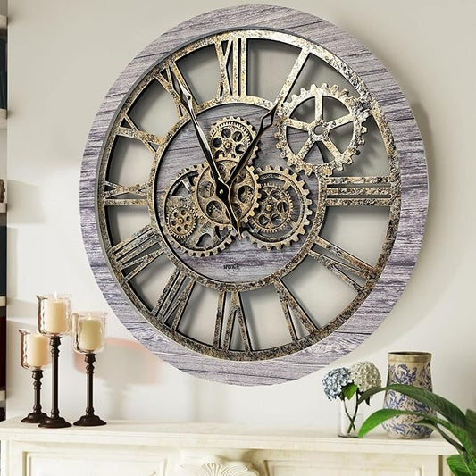 ImprovingLife The Gears Clock The Original Real Moving Gear Wall Clock Vintage Industrial Oversized Rustic Farmhouse (24 inch (60cm),Silver Grey)