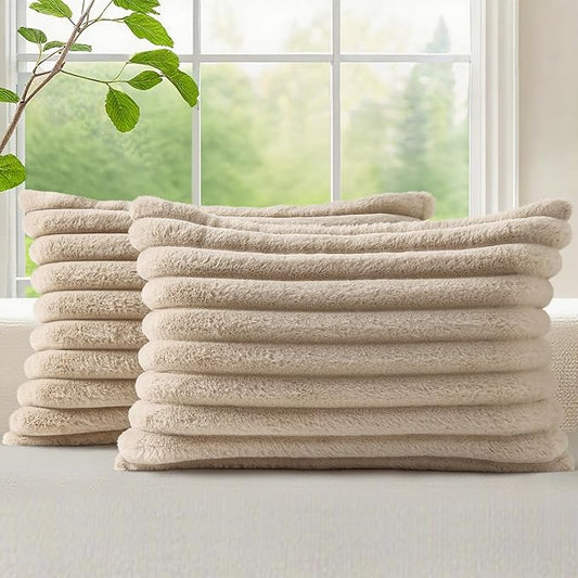 decorUhome Fall Faux Fur Throw Pillow Covers 12x20 Set of 2, Decorative Soft Plush Striped Neutral Couch Euro Pillow Covers with Velvet Back for Sofa, Bed, Living Room Home Decor, Light Khaki Brown