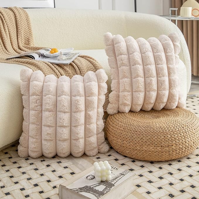 Neelvin Beige Faux Fur Cozy Soft Plaid Decorative Throw Pillow Covers 20x20 inch Set of 2,Velvet Pillowcase Cushion Case for Sofa Couch