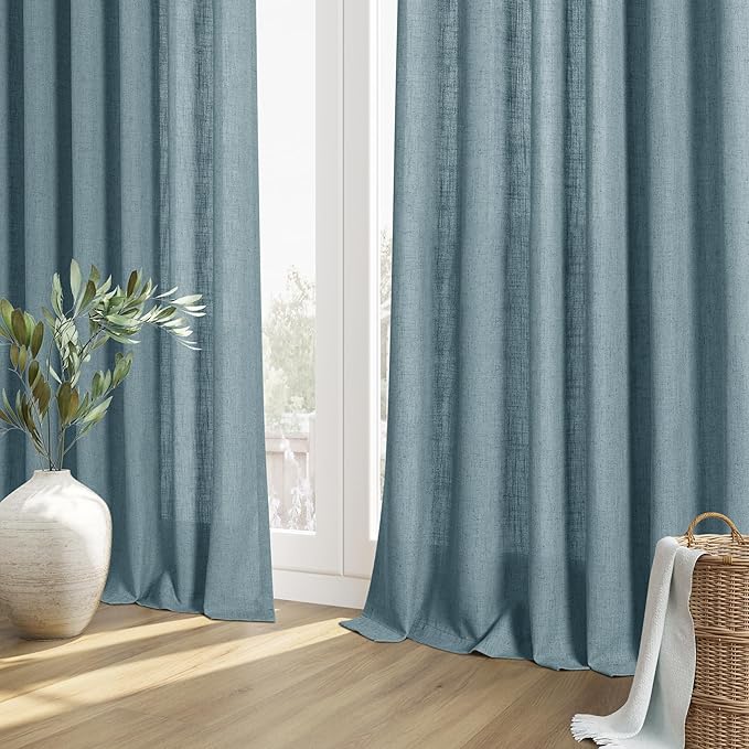 Guken Blue Linen Curtains 102 Inch Length for Living Room Bedroom 2 Panels Set Rod Pocket Light Filtering Semi Sheer Window Curtains 52 Inch Width Boho Farmhouse Linen Drapes Dusty Blue, W52xL102