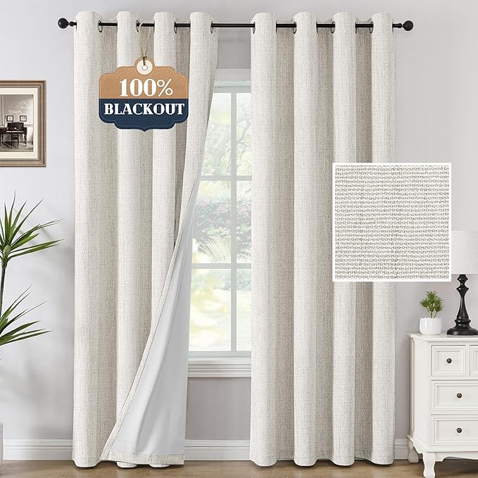 H.VERSAILTEX Chenille Linen Curtains 108 inches Long 100% Black Out Curtains, Textured Linen Look Draperies Grommet with White Flocking Coating Back, 2 Panels, Heathered Ivory(Not Solid)