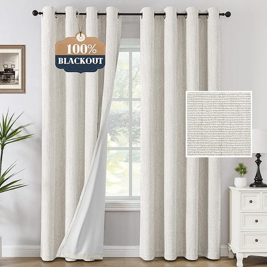 H.VERSAILTEX Chenille Curtains 96 inch Length 2 Panels 100% Blackout Drapes for Bedroom Living Room with White Flocking Coating Back Thermal Insulated Anti-Rust Grommet, Heathered Ivory(Not Solid)