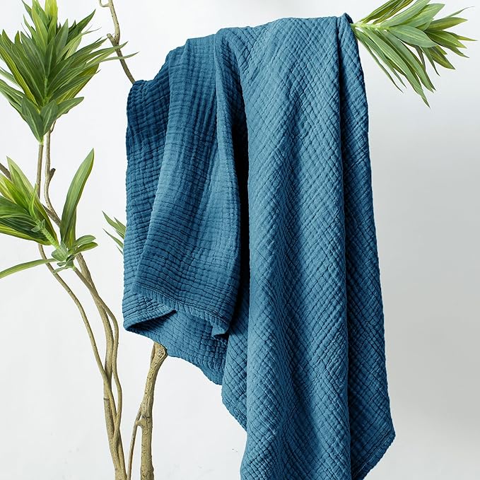 Carriediosa 100% Cotton Muslin Throw Blanket 70" X 80" Twin Size，4-Layers Summer Gauze Throws for Bed Couch，Soft Lightweight Breathable Linen Blankets Bedspread for Adults All Season，Dusty Blue