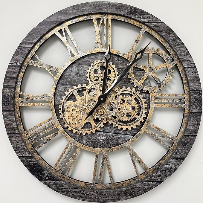 ImprovingLife The Gears Clock The Original Real Moving Gear Wall Clock Vintage Industrial Oversized Rustic Farmhouse (24 inch (60cm), Vintage Carbon Grey and Bronze)