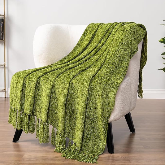 PAVILIA Olive Green Chenille Throw Blanket for Couch Sofa, Soft Olive Knit Throw with Tassel, Decorative Blanket for Bed Chair Living Room, Olive Green 50x60