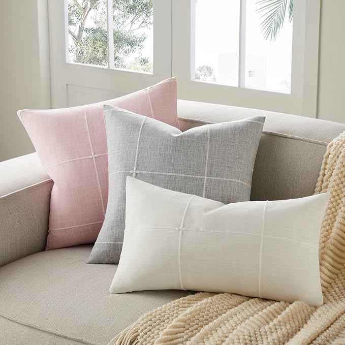 2 Packs Grid Embroidery Lumbar Throw Pillow Covers, 12x20 Inch Off White, Farmhouse Linen Decorative Ivory Cushion Covers for Sofa Bed Living Room Home Decor