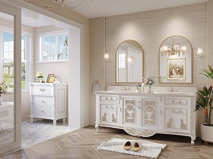 Arched Mirror for Wall, 24"x32" Gold Arch Bathroom Vanity Mirror, Metal Flower Frame Decorative Arch Wall Mirror, Antique Gold Arched Mirror for Washroom, Bedroom, Entryway, Living Room