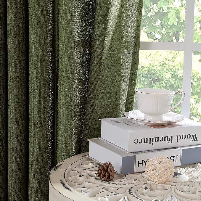 YoungsTex Olive Green Linen Semi Sheer Curtains 72 Inch Length for Living Room, Light Filtering Drape Rod Pocket Back Tab Window Treatment for Bedroom Dining, 2 Panels, 52 X 72 Inch