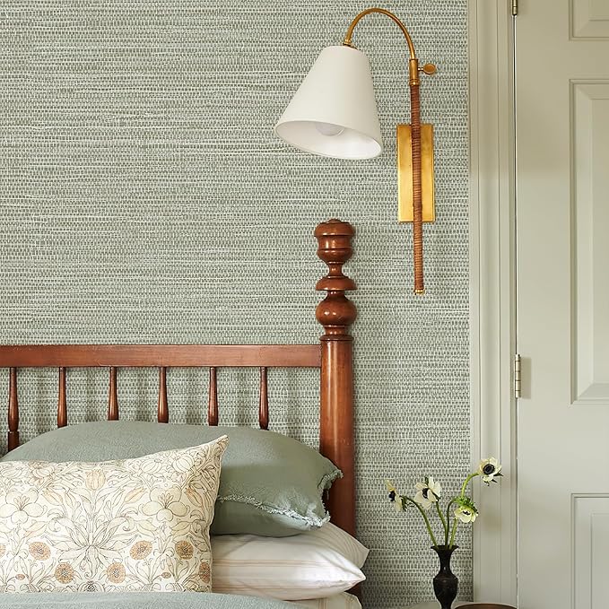 Simon&Siff Green Textured Grasscloth Peel and Stick Wallpaper 17.7"x197" Neutral Faux Grassweave Waterproof Self Adhesive Removable Wallpaper Mural for Home Decor Bedroom Kitchen Cabinet
