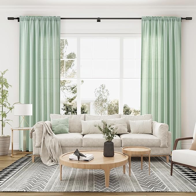 Guken Aqua Green Linen Curtains 84 Inches Long 2 Panel Set Rod Pocket Semi Sheer Dining Room Cozy Bedroom Decor Cotton Look Country Rustic Farmhouse Boho Curtains 52x84