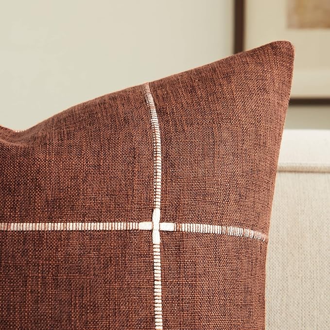 2 Packs Grid Embroidery Throw Pillow Covers, 22x22 Inch Terracota, Farmhouse Linen Decorative Terracota Cushion Covers for Sofa Bed Living Room Home Decor