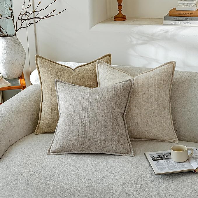 a moment Linen Pillow Covers Set of 2,Boho Farmhouse Throw Pillowcases Neutral Textured Decorative Covers for Couch Sofa Bed, Soft Linen Blend Accent Case Cushion Home Decor 18"x18" Beige Grey