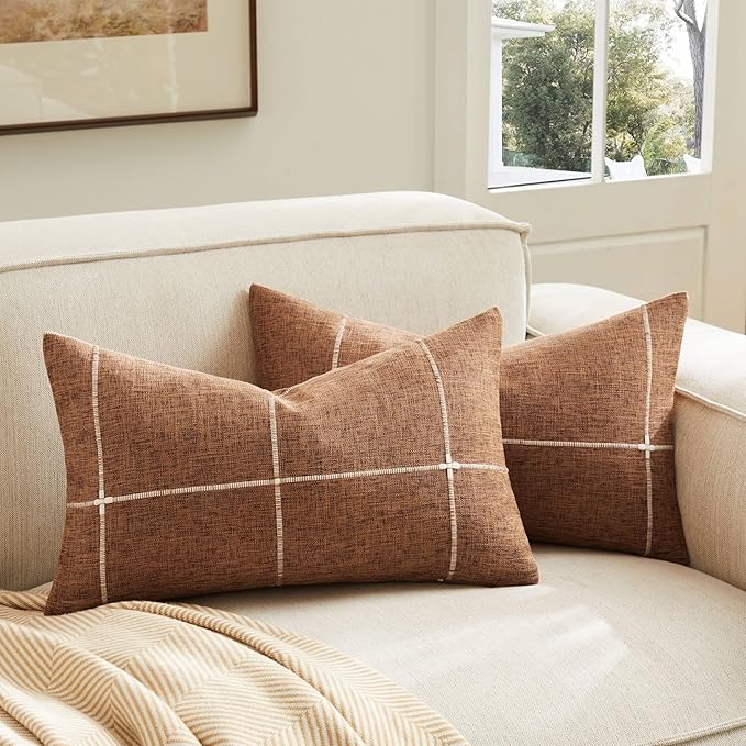 2 Packs Grid Embroidery Throw Pillow Covers, 12x20 Inch Caramel, Farmhouse Linen Decorative Caramel Cushion Covers for Sofa Bed Living Room Home Decor