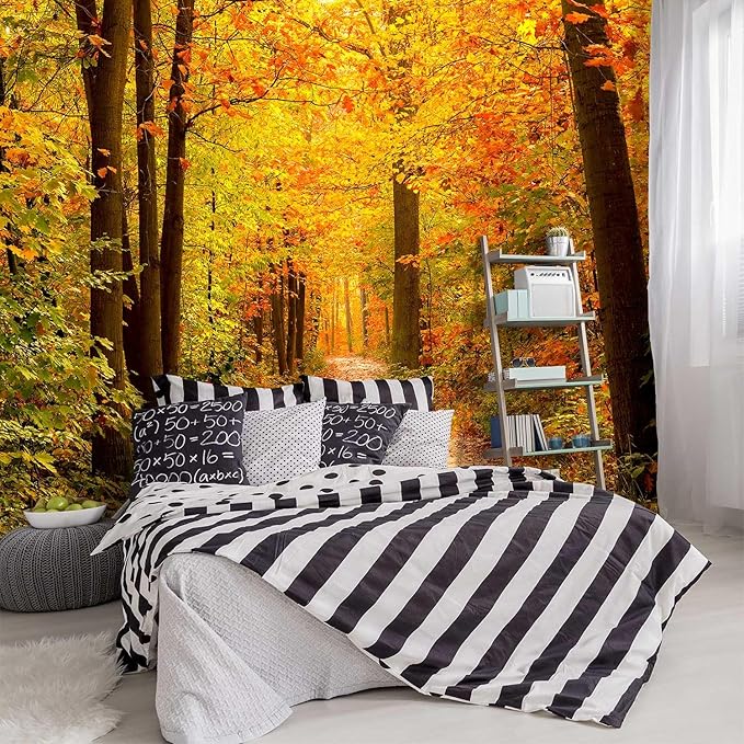 -Autumn Gold Forest Jungle Tree Fabric Wallpaper Living Room Bedroom Bathroom Woodland Scenery Large Wall Mural- 137"x96"（ not Peel and Stick）