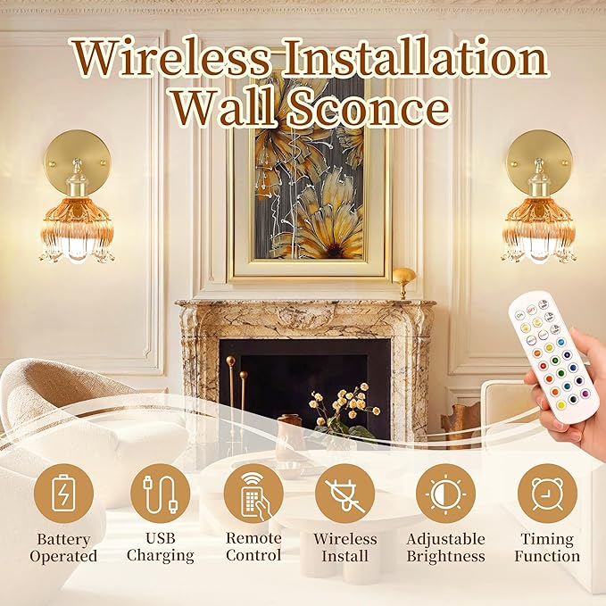 Battery Operated Wall Sconce with Remote Control,Vintage Wall Lamp with Flower lampshade,Rechargeable Battery Powered Wall Lights with 15 Colors for Beside Bedroom Living Room Doorway,Flower Amber