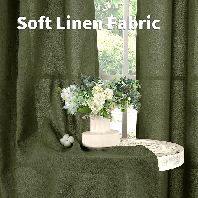YoungsTex Olive Green Linen Semi Sheer Curtains 72 Inch Length for Living Room, Light Filtering Drape Rod Pocket Back Tab Window Treatment for Bedroom Dining, 2 Panels, 52 X 72 Inch
