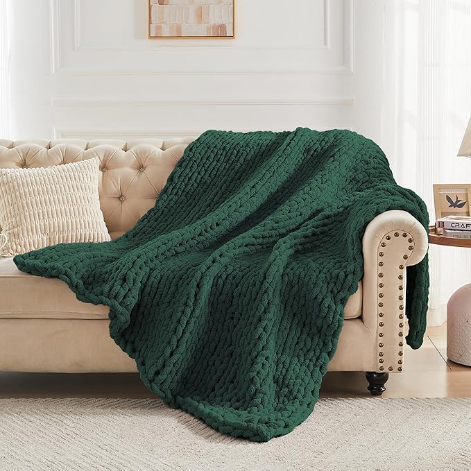 Carriediosa Chunky Knit Throw Blanket 50" X 60", 100% Hand Made Large Chenille Loop Yarn Soft Fluffy Throws for Couch Sofa Bed, Big Crochet Cozy Heavy Thick Cable Woven Blankets, Dark Green