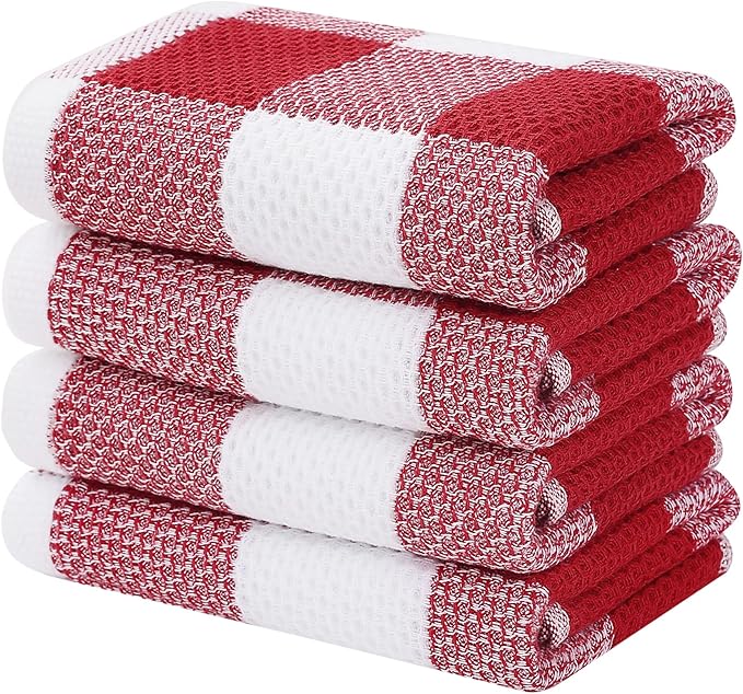 Homaxy 100% Cotton Waffle Weave Check Plaid Kitchen Towels, 13 x 28 Inches, Super Soft and Absorbent Dish Towels for Drying Dishes, 4-Pack, White & Red