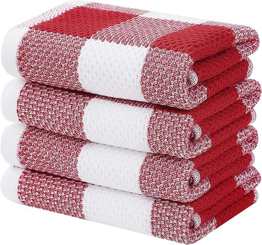 Homaxy 100% Cotton Waffle Weave Check Plaid Kitchen Towels, 13 x 28 Inches, Super Soft and Absorbent Dish Towels for Drying Dishes, 4-Pack, White & Red