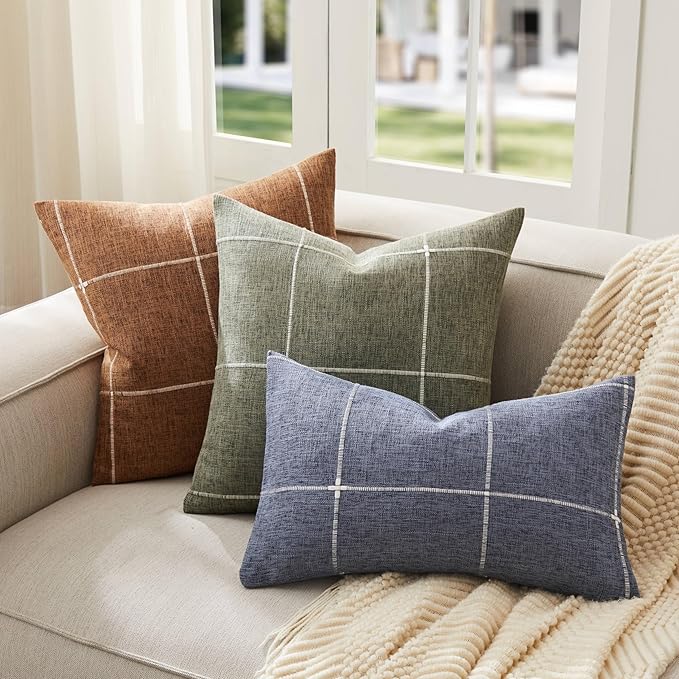 2 Packs Grid Embroidery Throw Pillow Covers, 18x18 Inch Olive, Farmhouse Linen Decorative Olive Cushion Covers for Sofa Bed Living Room Home Decor