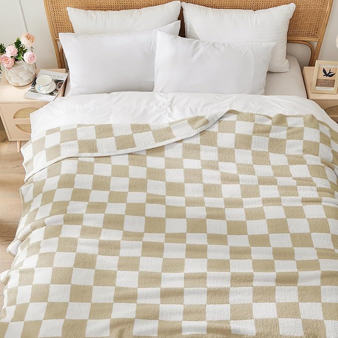 JOOJA Soft Cozy Checkerboard Beige Knit Throw Blanket for Couch Plaid Checkered 60x80 in