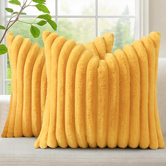decorUhome Faux Fur Throw Pillow Covers 22x22 Set of 2, Decorative Soft Plush Striped Neutral Couch Euro Pillow Covers with Velvet Back for Sofa, Bed, Living Room Home Decor, Mustard Yellow