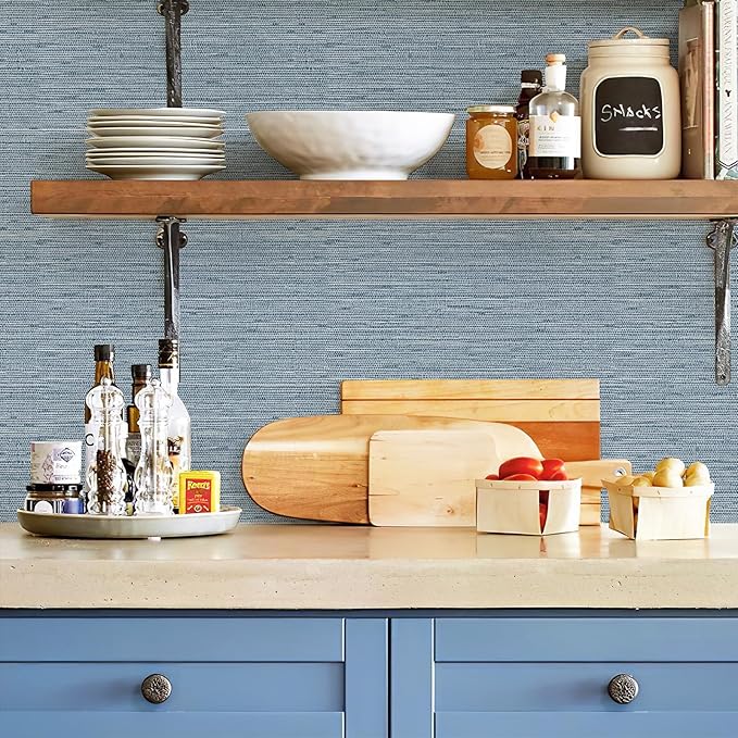 Grasscloth Peel and Stick Wallpaper 17.3" x 197" Blue Textured Grasscloth Wall Paper Renter Friendly Wallpaper Self Adhesive Removable for Bathroom Bedroom