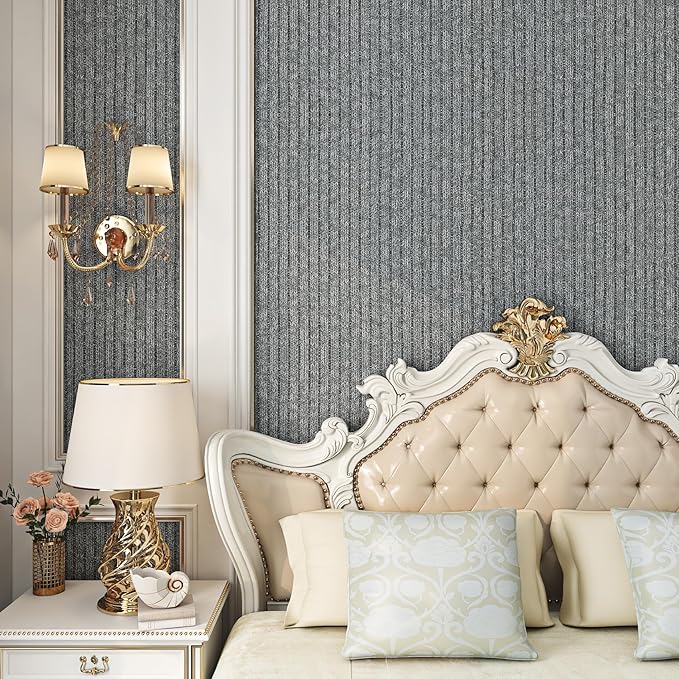 Livelynine 15.8x197 Gray Striped Peel and Stick Wallpaper Dark Grey Fabric Stick on Textured Wall Paper for Bedroom Accent Wall Self Adhesive Decorative Contact Paper for Cabinets Shelves Vinyl Wrap