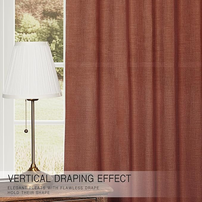 HESTIA Linen Curtains 63 inches Long 2 Panel Set Back Tab Pocket Rustic Farmhouse Boho Drapes for Living Room Semi Sheer Red Orange Window Curtain for Dining Room (63" L x 52" W)