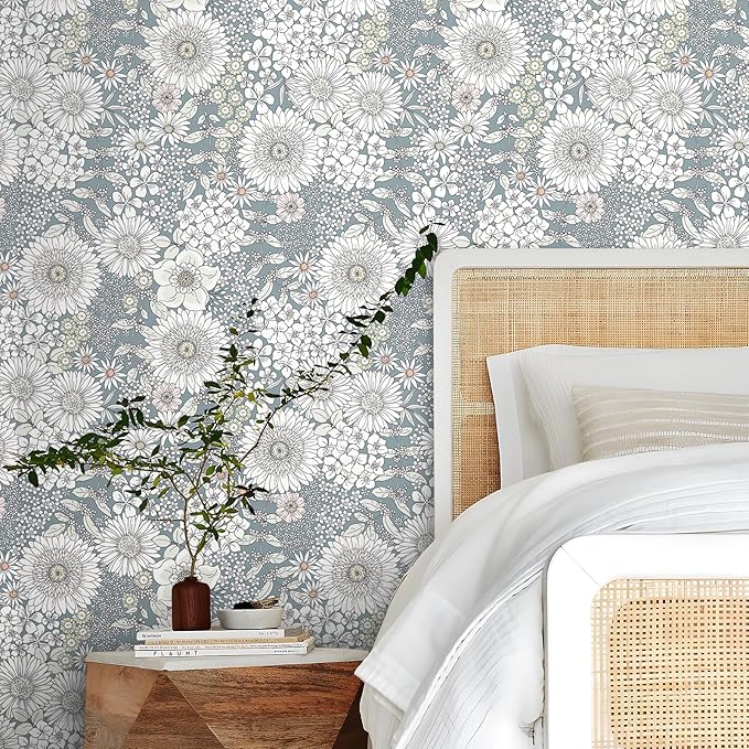 Livelynine 17.5x276 Blue Peel and Stick Wallpaper Boho Floral Minimalist Flower Wallpaper for Bathroom Nursery Renter Friendly Elegant Light Blue Dainty Floral Contact Paper for Kitchen Cabinets