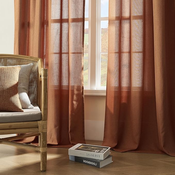 Desert Orange Curtains 84 Inch Length for Living Room 2 Panel Back Tab Rod Pocket Drape Light Filtering Semi Sheer Linen Textured Curtain for Bedroom Modern Farmhouse Decor 50x84 Long