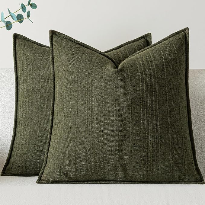 a moment Linen Pillow Covers Set of 2,Boho Farmhouse Throw Pillowcases Neutral Textured Decorative Covers for Couch Sofa,Soft Linen Blend Accent Case Cushion Living Room Home Decor 26"x26"Dark Green
