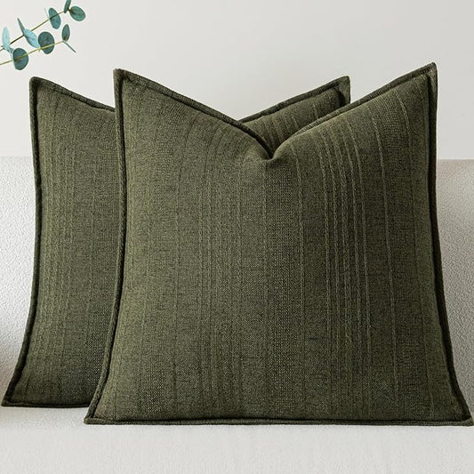 a moment Linen Pillow Covers Set of 2,Boho Farmhouse Throw Pillowcases Neutral Textured Decorative Covers for Couch Sofa,Soft Linen Blend Accent Case Cushion Living Room Home Decor 26"x26"Dark Green