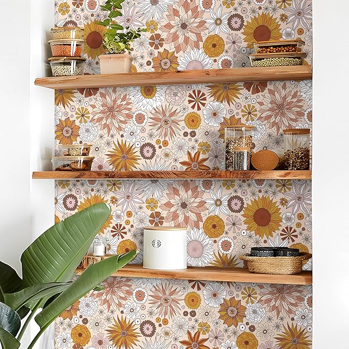 Livelynine 17.5x276 Retro Floral Peel and Stick Wallpaper Orange Pink Yellow Flower Mid Century Bathroom Wall Paper Waterproof Vintage Floral Contact Paper for Cabinets Self Adhesive Drawer Liner