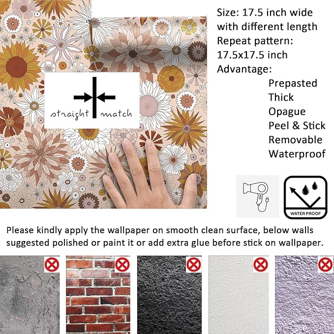 Livelynine Retro Wallpaper Peel and Stick Pink Orange White Yellow Retro Flower Wallpaper for Bathroom Kitchen Dresser Mid Century Vintage Contact Paper Removable Self Adhesive 17.5x78.8 Funky Groovy