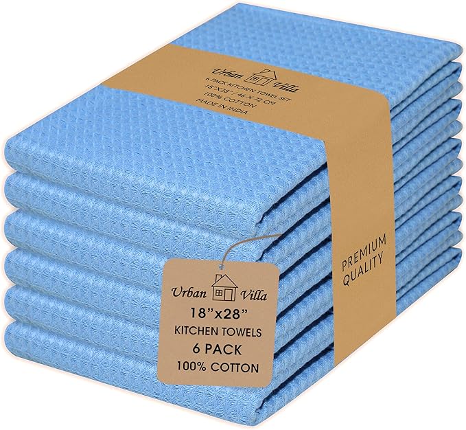 Urban Villa Kitchen Towels Waffle Dish Towels for Kitchen Sky Blue Color Set of 6 Over Sized 18x28 Inches Kitchen Towels Highly Absorbent 100% Cotton Kitchen Hand Tea Towels Dish Cloths