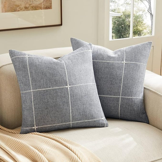 2 Packs Grid Embroidery Throw Pillow Covers, 18x18 Inch Blue Ashes, Farmhouse Linen Decorative Blue Ashes Cushion Covers for Sofa Bed Living Room Home Decor
