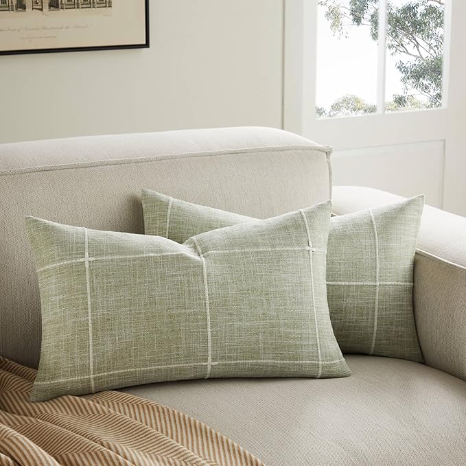 2 Packs Grid Embroidery Lumbar Throw Pillow Covers, 12x20 Inch Green, Farmhouse Linen Decorative Sage Green Cushion Covers for Sofa Bed Living Room Home Decor
