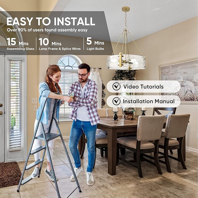 IKK Modern Textured Glass Chandelier, Gold Dining Room Chandelier, Elegant Drum Farmhouse Crystal Light Fixture, Round Lighting for Living Room, Foyer Kitchen Island Bedroom Bathroom D=21